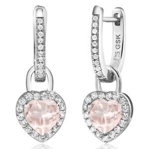 925 Sterling Silver with 1.90 Cttw Rose Quartz and White Sapphire Heart Earrings